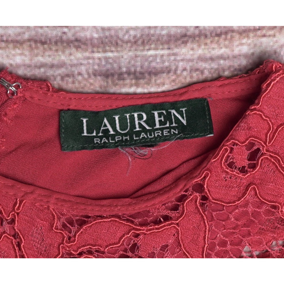 Lauren Ralph Lauren Red Cocktail Dress Floral Lace Preppy Black Label Sz L - Picture 3 of 6